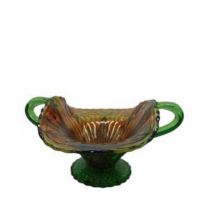 Vtg Green / Amber Carnival Glass Basket 2 Handles